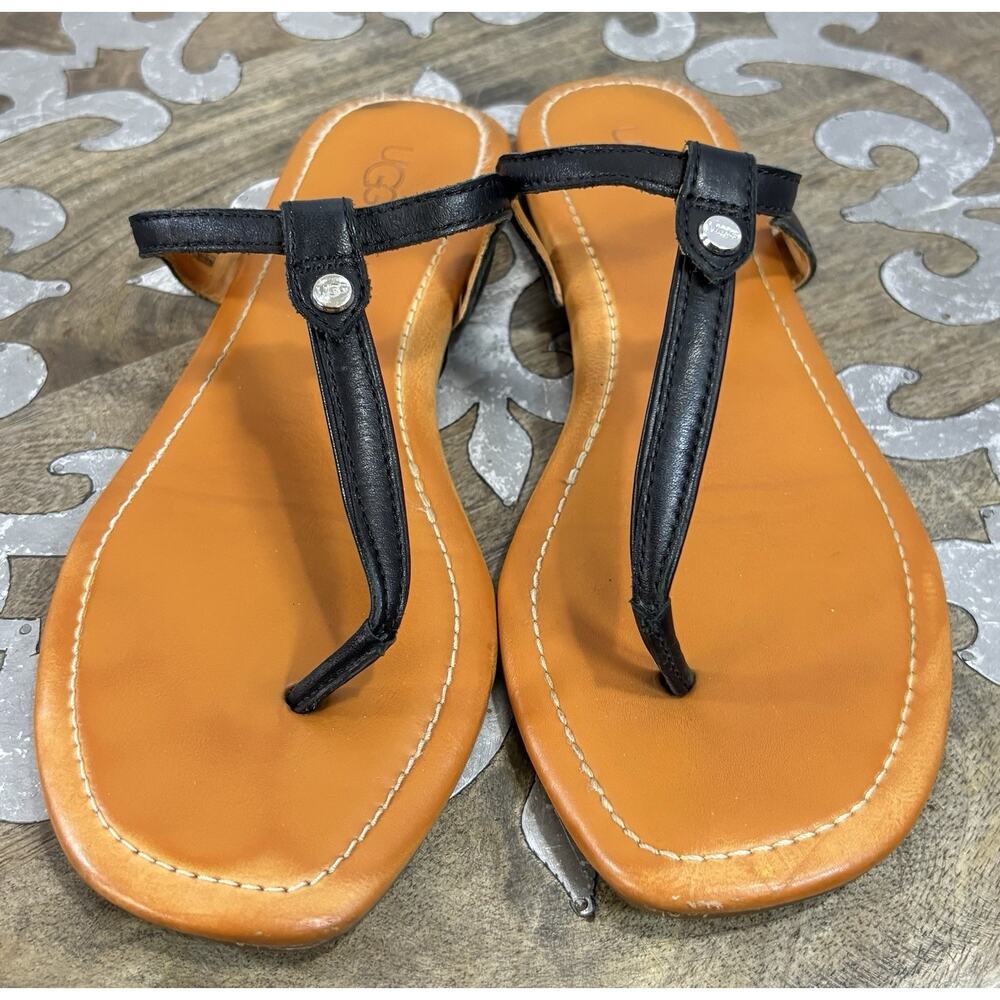 UGG Womens 7.5‎ Black Leather T Strap Thong Sandals Flat Casual Comfort